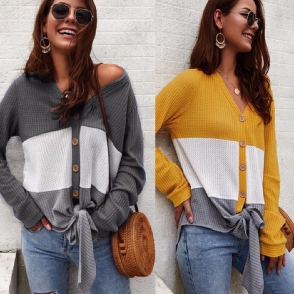 Cozy Button up Waffle Front Tie Top - Picture 5 of 9
